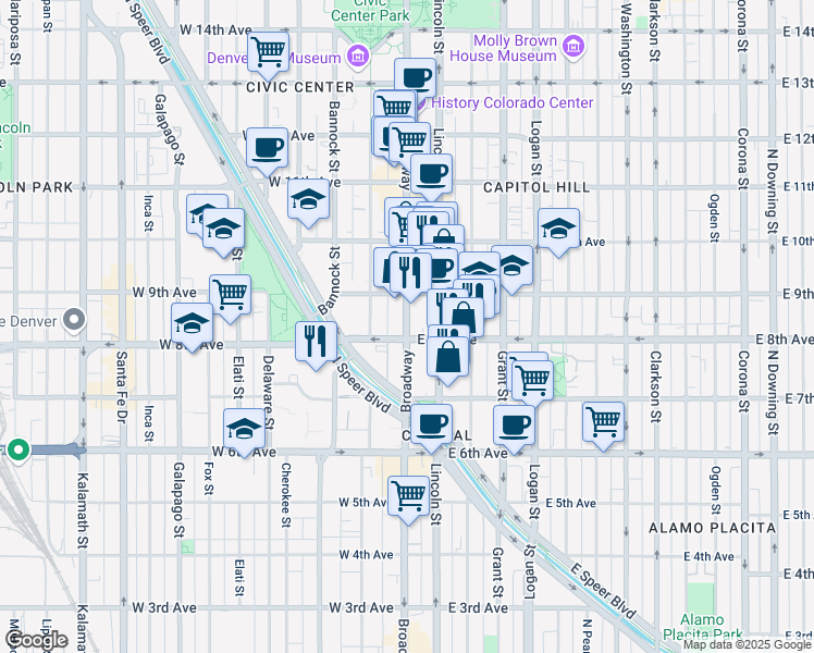 map of restaurants, bars, coffee shops, grocery stores, and more near 828 Broadway Street in Denver