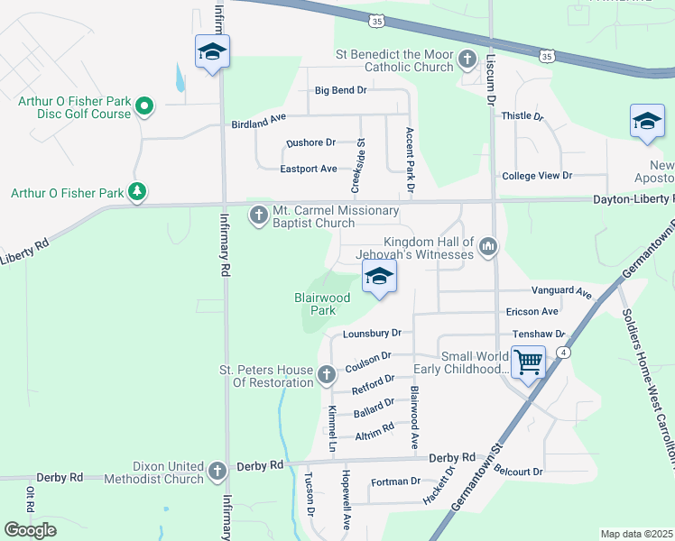 map of restaurants, bars, coffee shops, grocery stores, and more near 1142 Normdave Drive in Dayton