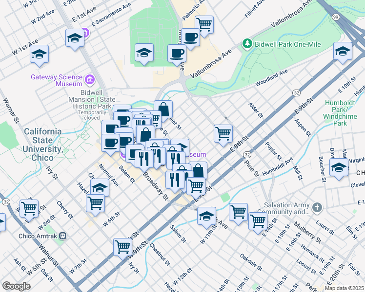 map of restaurants, bars, coffee shops, grocery stores, and more near 285 East 5th Street in Chico