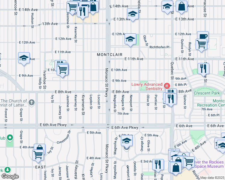 map of restaurants, bars, coffee shops, grocery stores, and more near 790 Magnolia Street in Denver