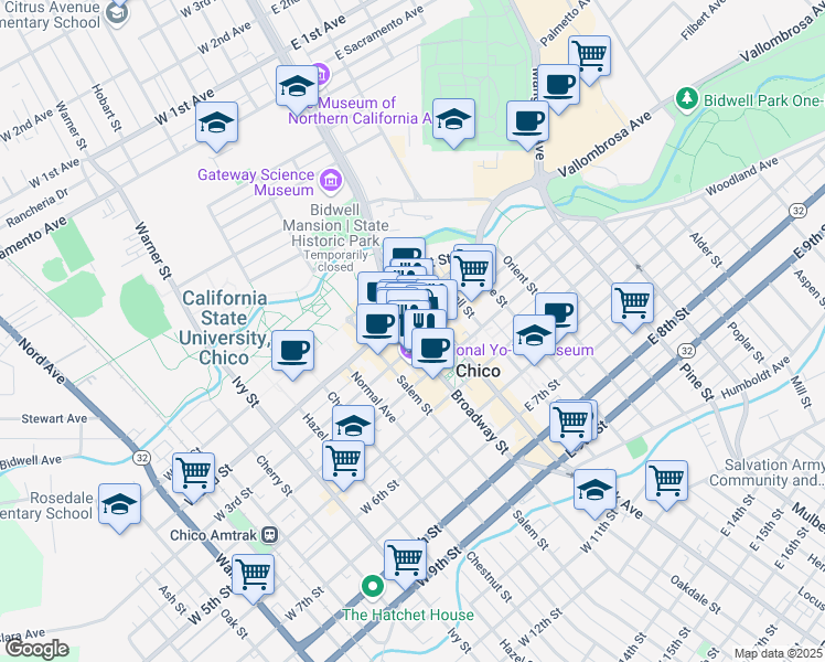 map of restaurants, bars, coffee shops, grocery stores, and more near 245 Broadway Street in Chico