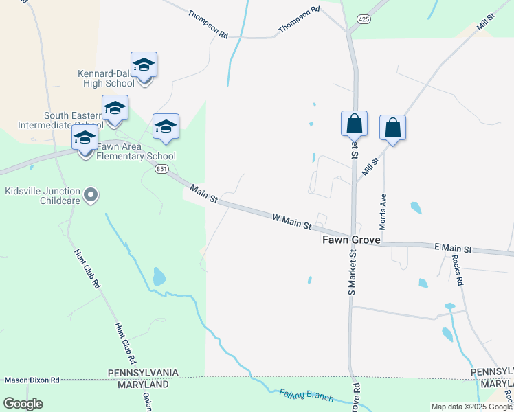 map of restaurants, bars, coffee shops, grocery stores, and more near 177 West Main Street in Fawn Grove