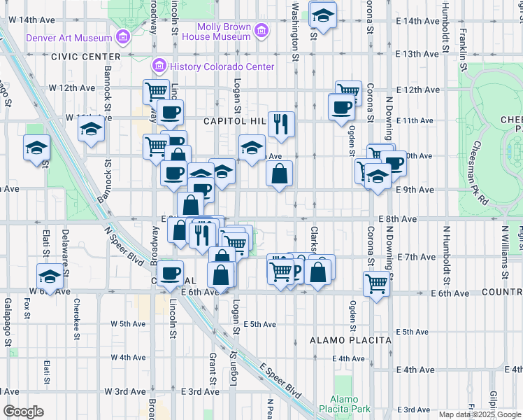 map of restaurants, bars, coffee shops, grocery stores, and more near 800 Pennsylvania Street in Denver