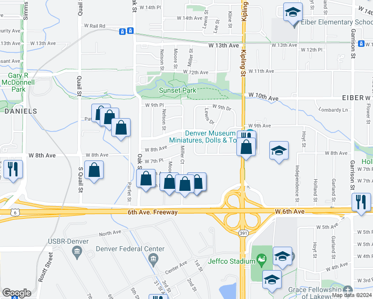 map of restaurants, bars, coffee shops, grocery stores, and more near 770 Miller Court in Lakewood