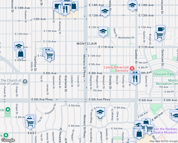 map of restaurants, bars, coffee shops, grocery stores, and more near 790 Magnolia Street in Denver