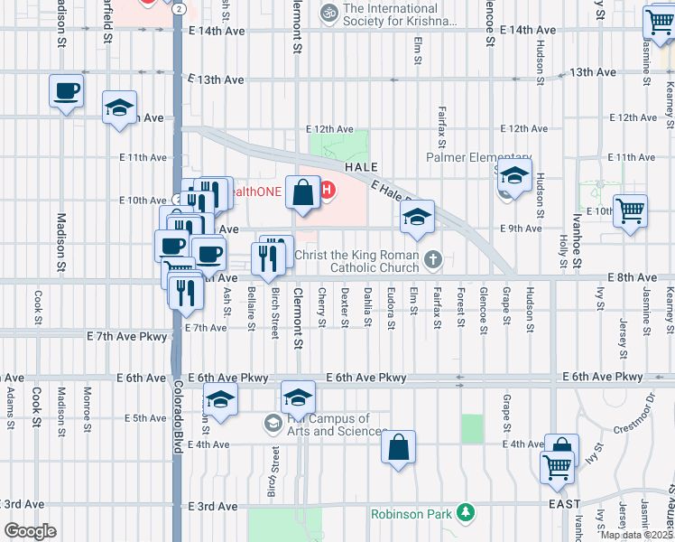 map of restaurants, bars, coffee shops, grocery stores, and more near 780 Dexter Street in Denver
