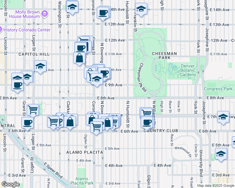map of restaurants, bars, coffee shops, grocery stores, and more near 790 North Marion Street in Denver