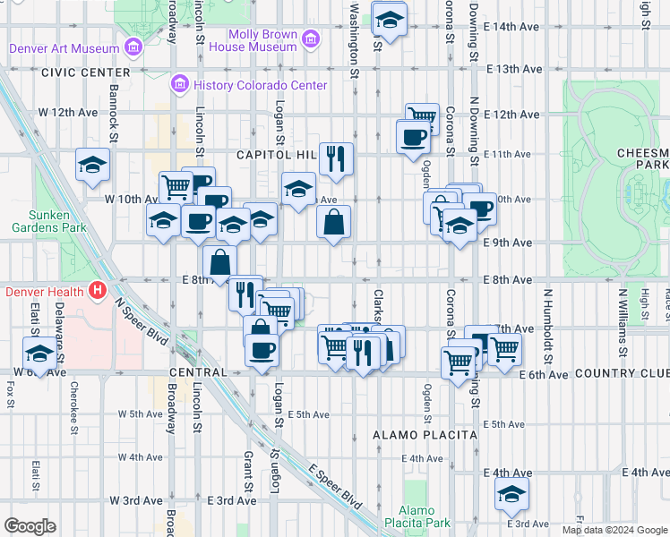 map of restaurants, bars, coffee shops, grocery stores, and more near in Denver