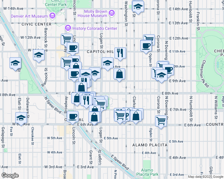 map of restaurants, bars, coffee shops, grocery stores, and more near 550 East 8th Avenue in Denver