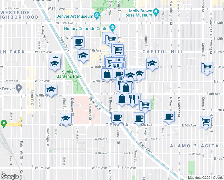 map of restaurants, bars, coffee shops, grocery stores, and more near 29 East 8th Avenue in Denver