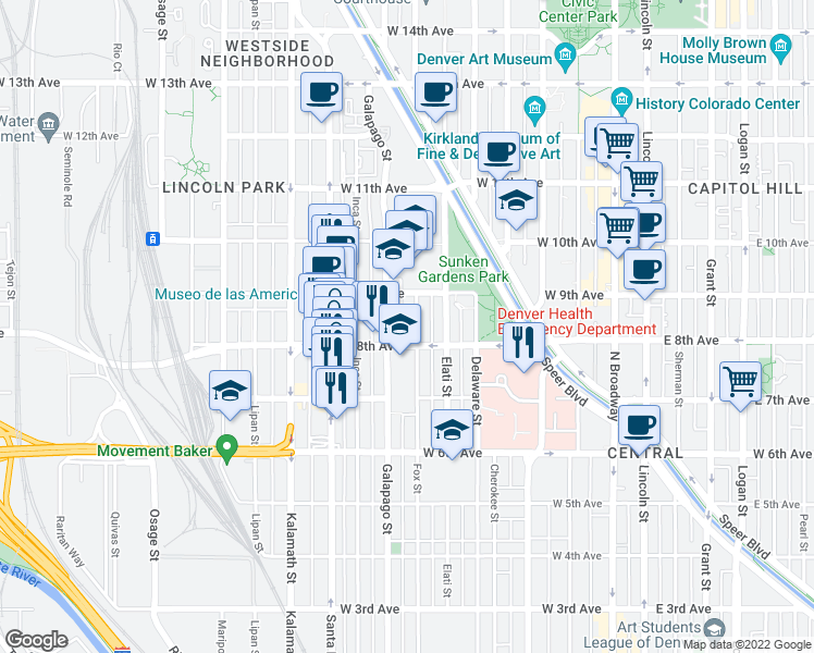 map of restaurants, bars, coffee shops, grocery stores, and more near 603 West 8th Avenue in Denver