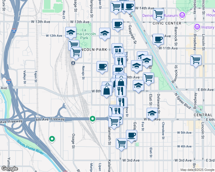 map of restaurants, bars, coffee shops, grocery stores, and more near 800 Kalamath Street in Denver