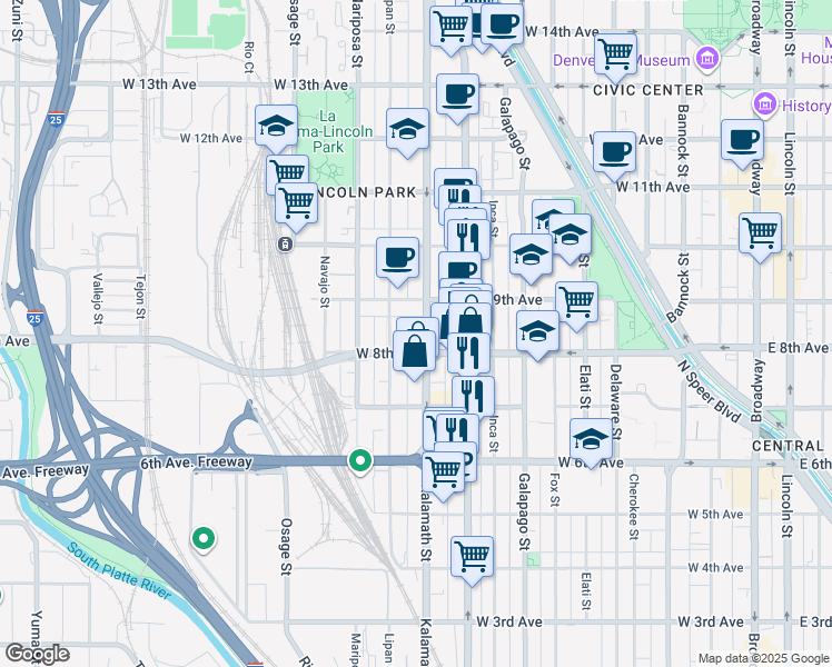 map of restaurants, bars, coffee shops, grocery stores, and more near 800 Kalamath Street in Denver