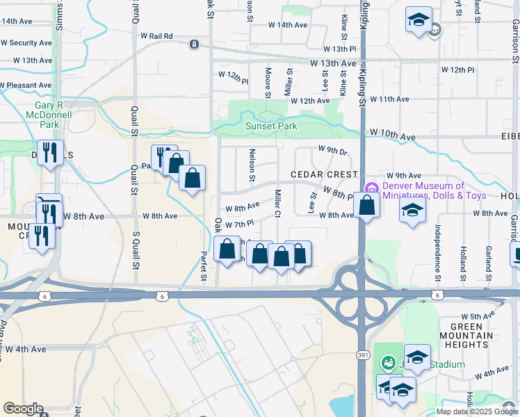 map of restaurants, bars, coffee shops, grocery stores, and more near 740 Moore Street in Lakewood