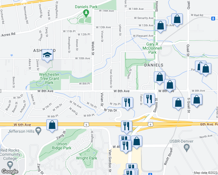 map of restaurants, bars, coffee shops, grocery stores, and more near 793 Urban Court in Golden