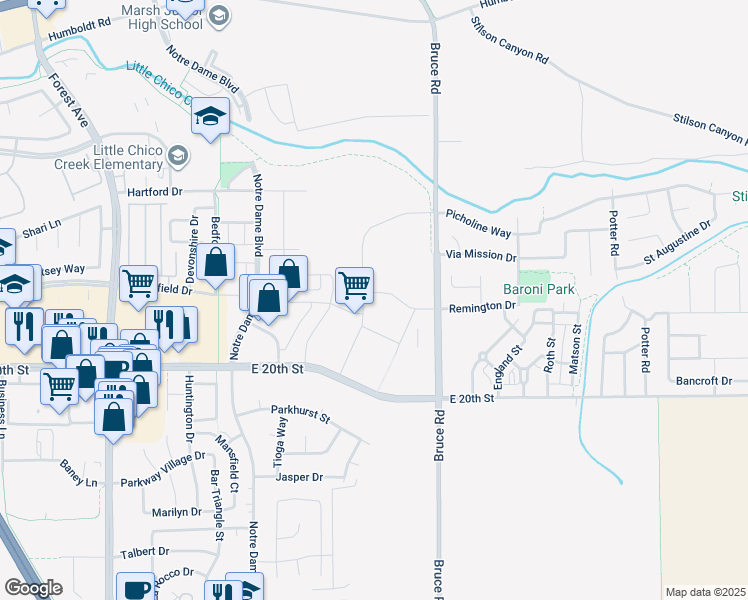 map of restaurants, bars, coffee shops, grocery stores, and more near 1806 Foundation Lane in Chico