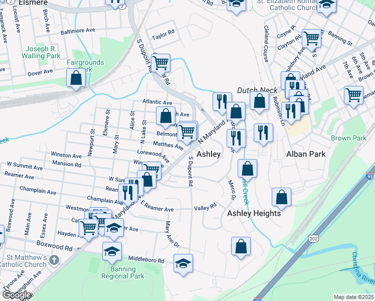 map of restaurants, bars, coffee shops, grocery stores, and more near 110 North Maryland Avenue in Wilmington
