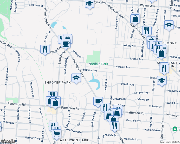 map of restaurants, bars, coffee shops, grocery stores, and more near 305 Bellaire Avenue in Dayton