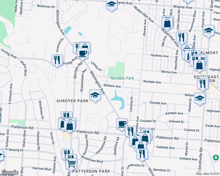 map of restaurants, bars, coffee shops, grocery stores, and more near 305 Bellaire Avenue in Dayton