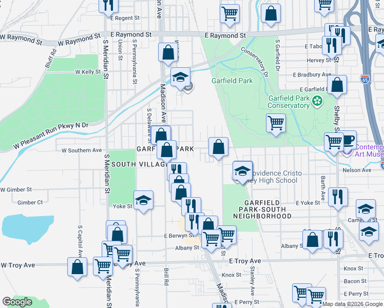 map of restaurants, bars, coffee shops, grocery stores, and more near 2635 Madison Avenue in Indianapolis