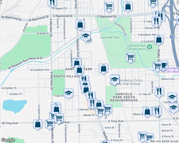 map of restaurants, bars, coffee shops, grocery stores, and more near 2635 Madison Avenue in Indianapolis