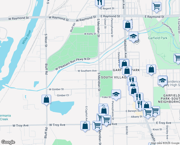 map of restaurants, bars, coffee shops, grocery stores, and more near 38 Bakemeyer Street in Indianapolis