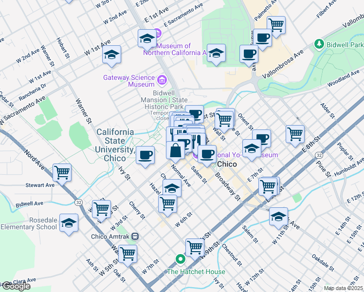 map of restaurants, bars, coffee shops, grocery stores, and more near 146 Broadway Street in Chico