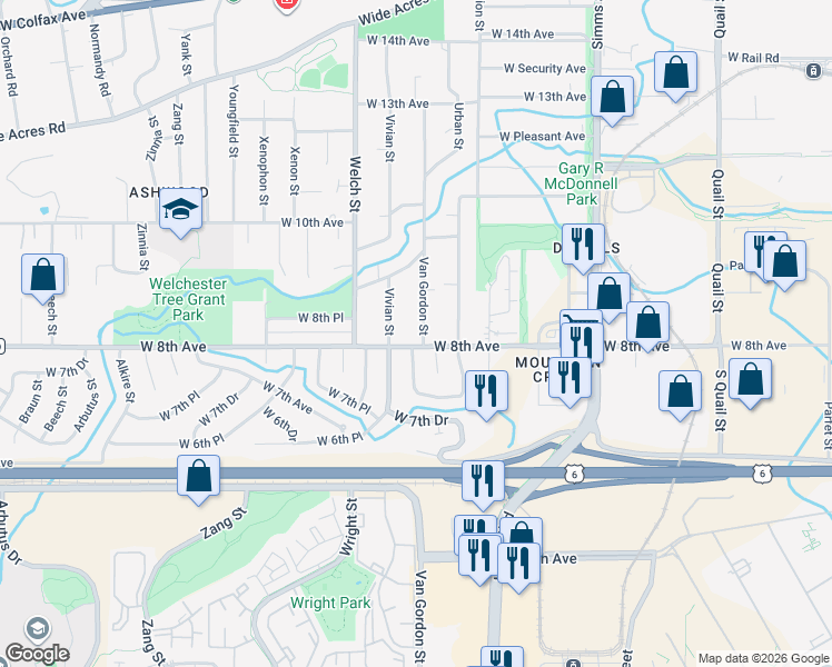 map of restaurants, bars, coffee shops, grocery stores, and more near 793 Urban Court in Golden