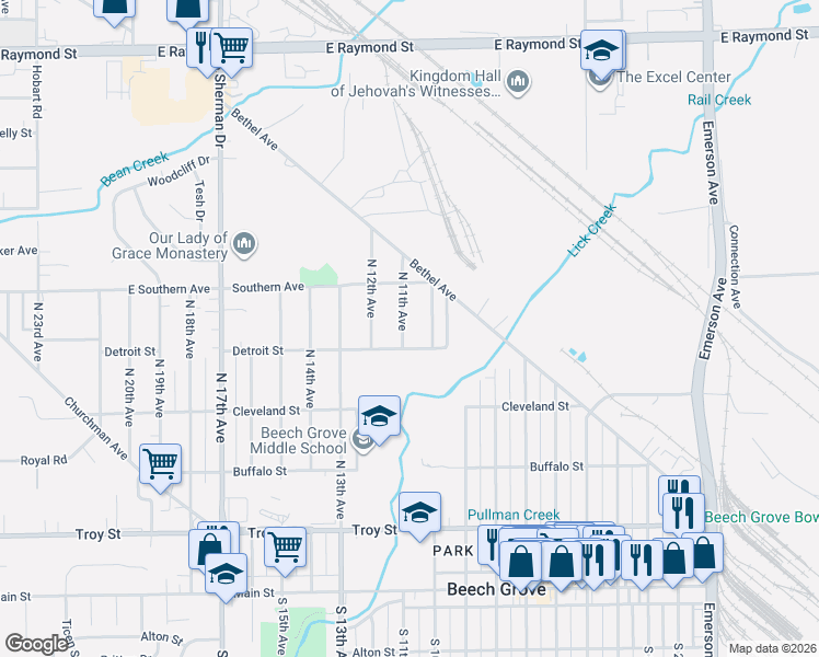 map of restaurants, bars, coffee shops, grocery stores, and more near 404 North 10th Avenue in Beech Grove