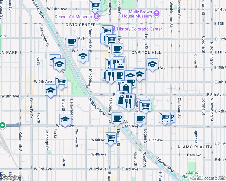 map of restaurants, bars, coffee shops, grocery stores, and more near 828 North Broadway in Denver