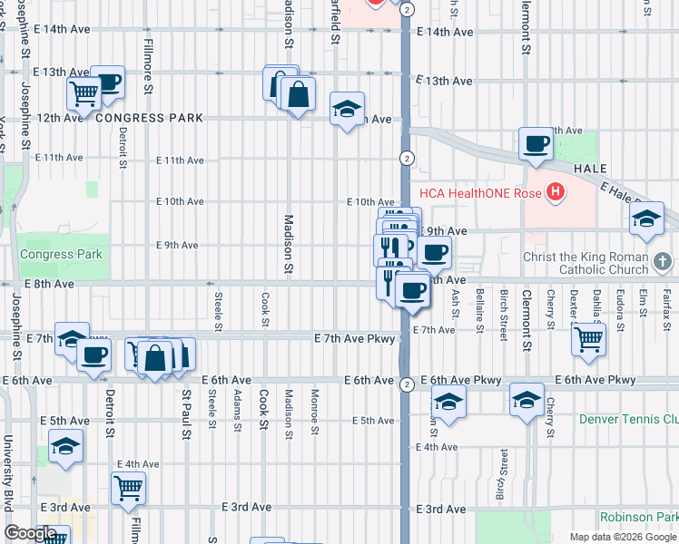 map of restaurants, bars, coffee shops, grocery stores, and more near 818 Garfield Street in Denver