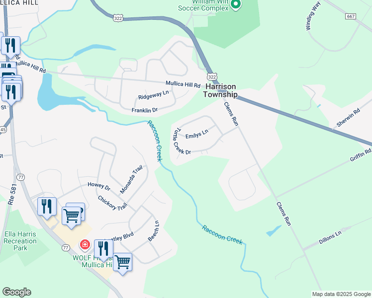 map of restaurants, bars, coffee shops, grocery stores, and more near 22 Turtle Creek Drive in Harrison Township