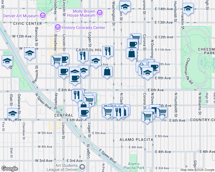 map of restaurants, bars, coffee shops, grocery stores, and more near in Denver