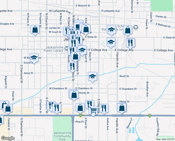 map of restaurants, bars, coffee shops, grocery stores, and more near 348-498 S East St in Jacksonville