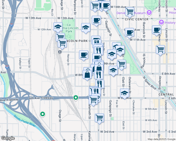 map of restaurants, bars, coffee shops, grocery stores, and more near 829 Kalamath Street in Denver