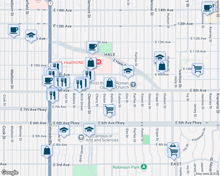 map of restaurants, bars, coffee shops, grocery stores, and more near 805 Dahlia Street in Denver