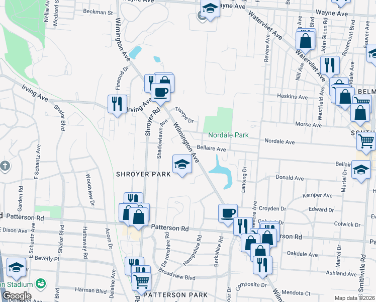 map of restaurants, bars, coffee shops, grocery stores, and more near 905 Wilmington Avenue in Dayton