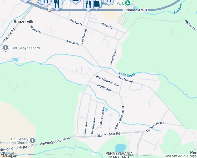map of restaurants, bars, coffee shops, grocery stores, and more near 12098 Blue Mountain Avenue in Waynesboro