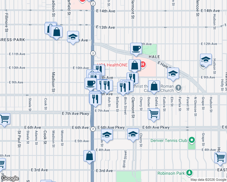 map of restaurants, bars, coffee shops, grocery stores, and more near 4300 East 8th Avenue in Denver
