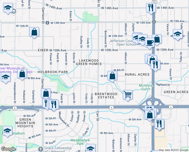 map of restaurants, bars, coffee shops, grocery stores, and more near 771 Carr Street in Lakewood