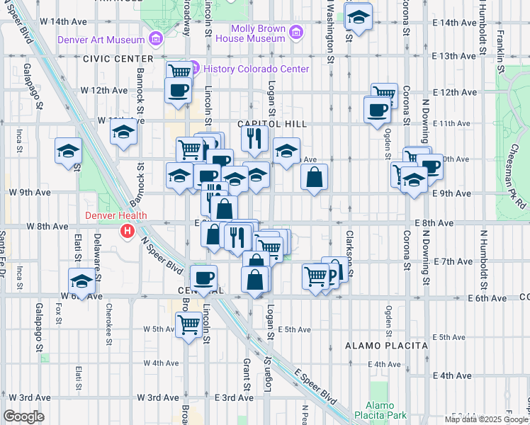 map of restaurants, bars, coffee shops, grocery stores, and more near 400 East 8th Avenue in Denver