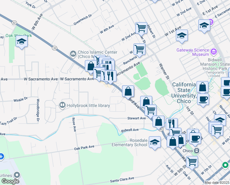 map of restaurants, bars, coffee shops, grocery stores, and more near 729 Nord Avenue in Chico
