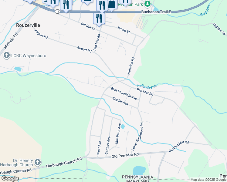 map of restaurants, bars, coffee shops, grocery stores, and more near 12098 Blue Mountain Avenue in Waynesboro