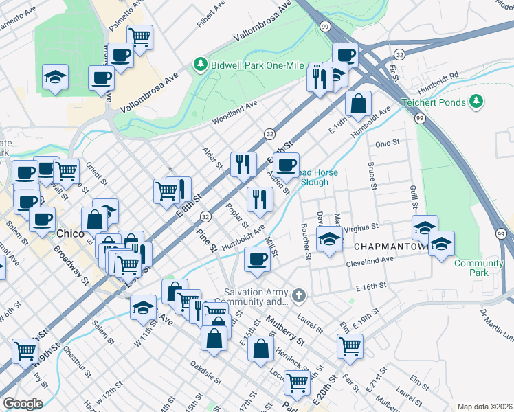 map of restaurants, bars, coffee shops, grocery stores, and more near 1021 Alder Street in Chico
