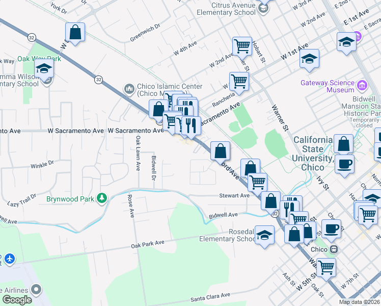 map of restaurants, bars, coffee shops, grocery stores, and more near 1117 West Sacramento Avenue in Chico