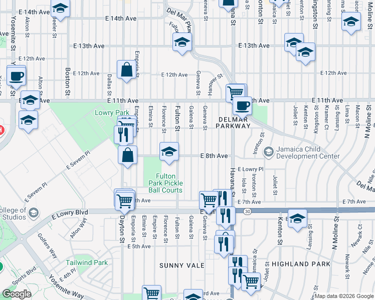 map of restaurants, bars, coffee shops, grocery stores, and more near 799 Galena Street in Aurora
