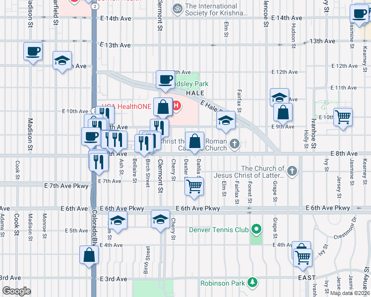 map of restaurants, bars, coffee shops, grocery stores, and more near 780 Dexter Street in Denver