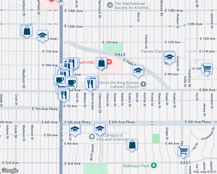 map of restaurants, bars, coffee shops, grocery stores, and more near 785 Cherry Street in Denver