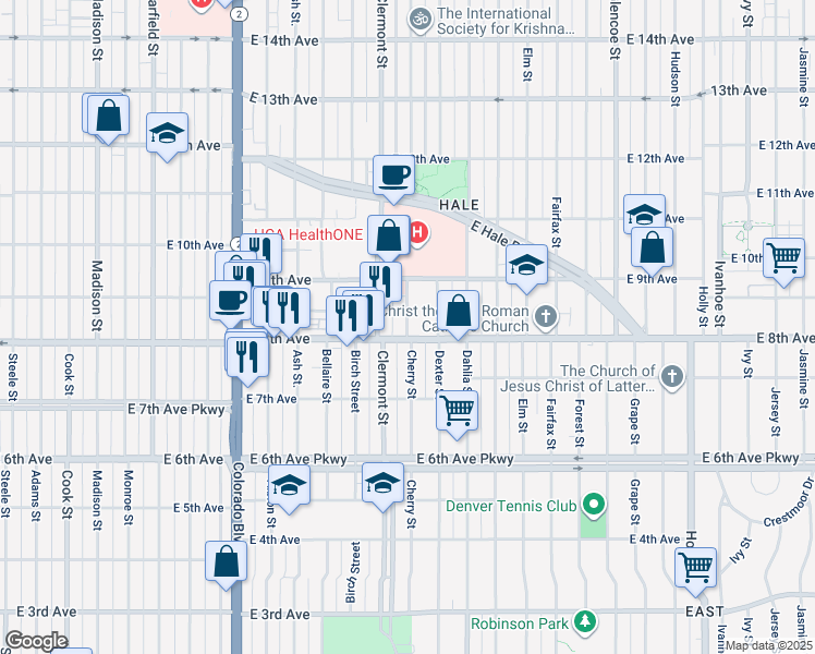 map of restaurants, bars, coffee shops, grocery stores, and more near 785 Cherry Street in Denver