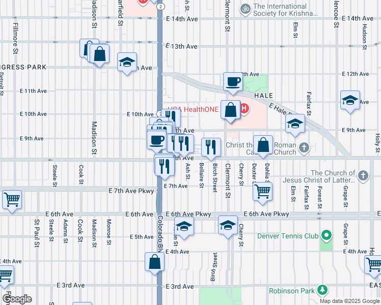 map of restaurants, bars, coffee shops, grocery stores, and more near 4136 East 8th Avenue in Denver